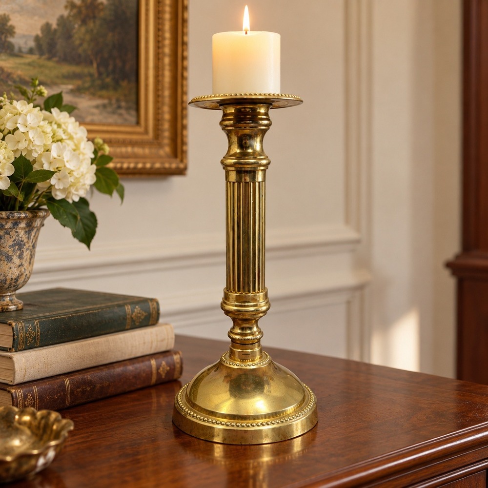 Vintage Brass Pillar Candle Holder 12" Fluted Column Beaded Base Made in India